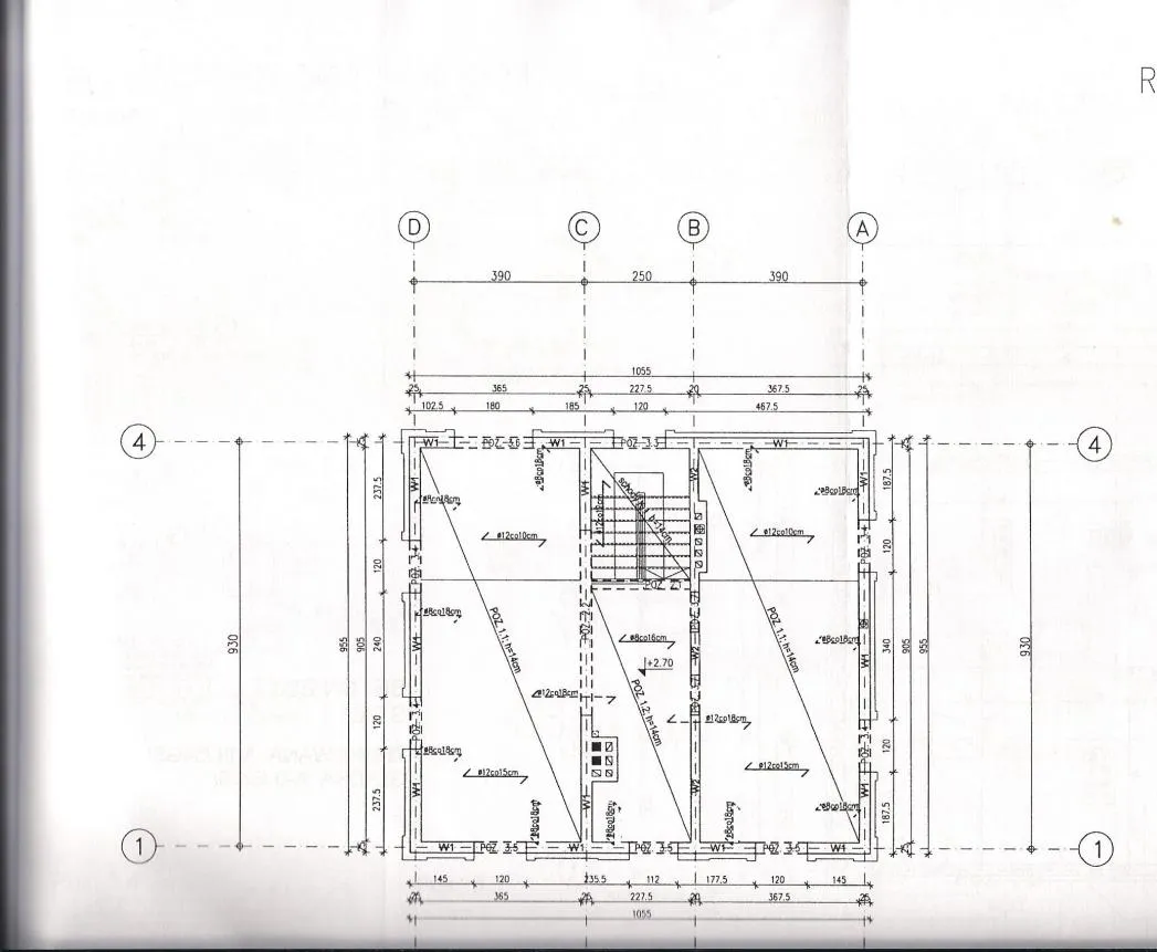 Przykład rysunku zbrojenia stropu monolitycznego z rzutem i przekrojami