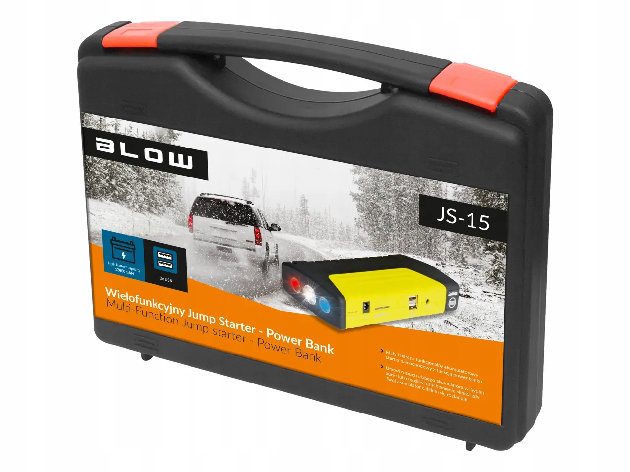 Wielofunkcyjny jump starter BLOW JS-15 to booster w samochodzie, który pomoże uruchomić auto zimą.
