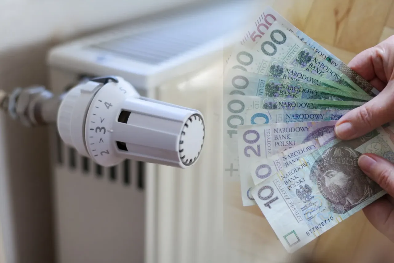 Grzejnik z termostatem i polskie banknoty symbolizujące podatek od ogrzewania gazem.