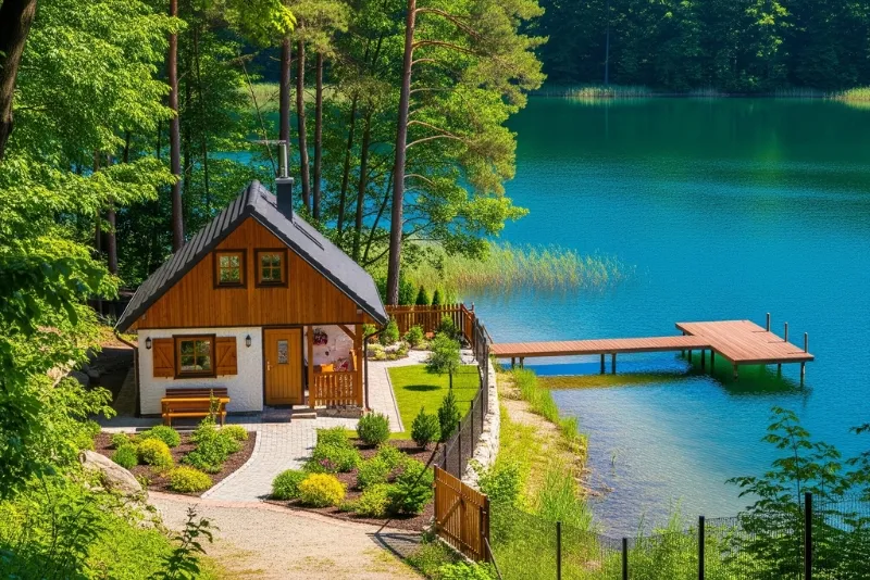 Malownicze jezioro w Wielkopolsce z pomostem i domkami