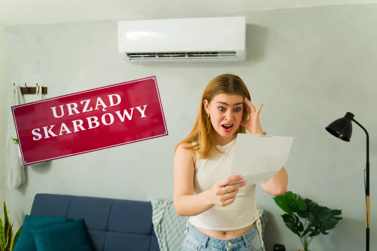 Zaskoczona kobieta z dokumentem w ręku, nad nią tablica 