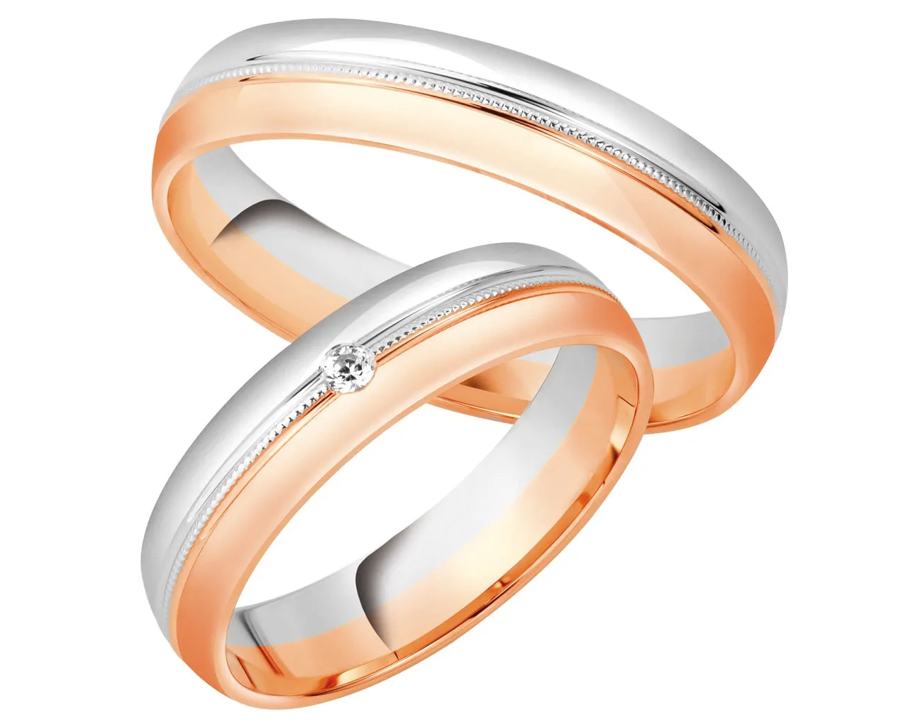 obrączka różowe złoto i pierścionek białe złoto
