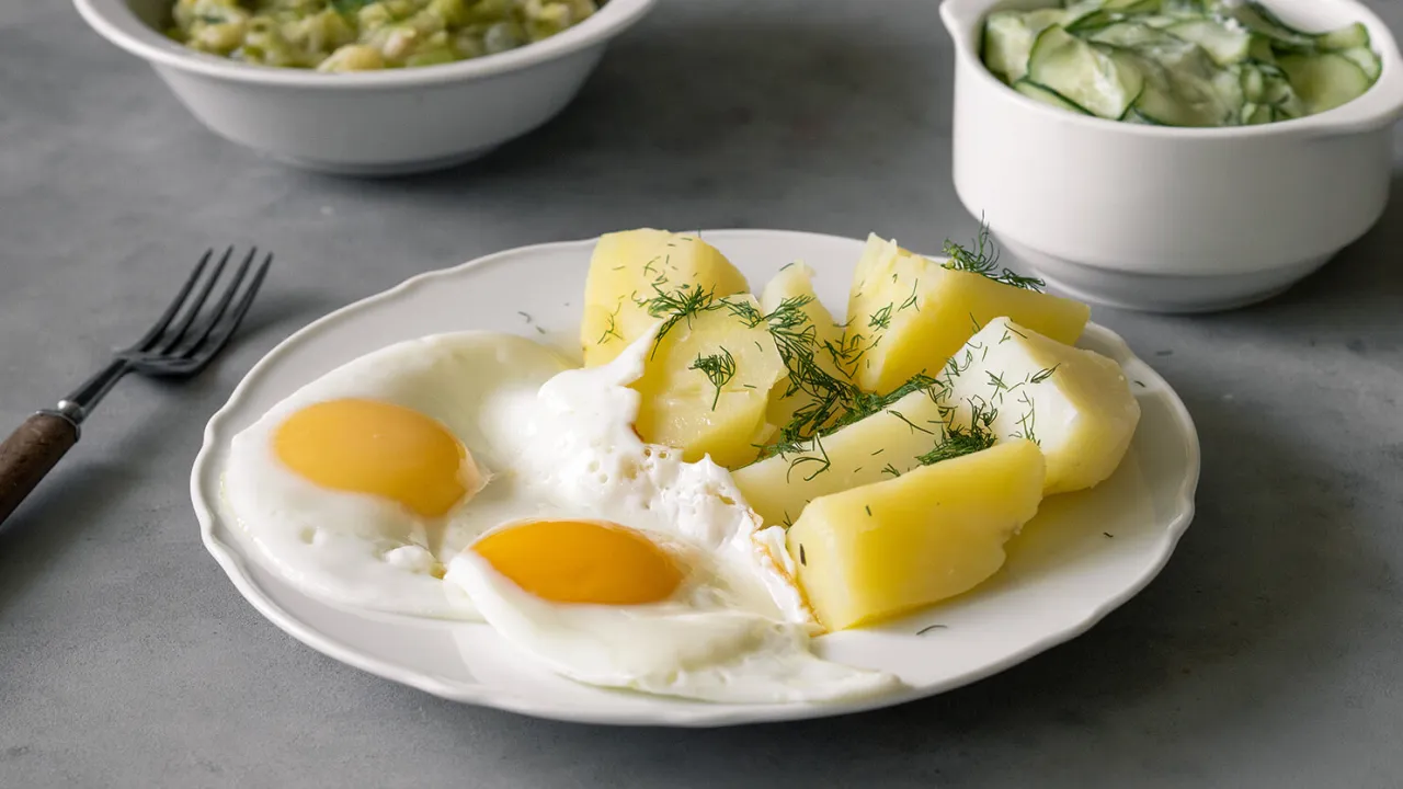 jajka sadzone z ziemniakami i mizerią