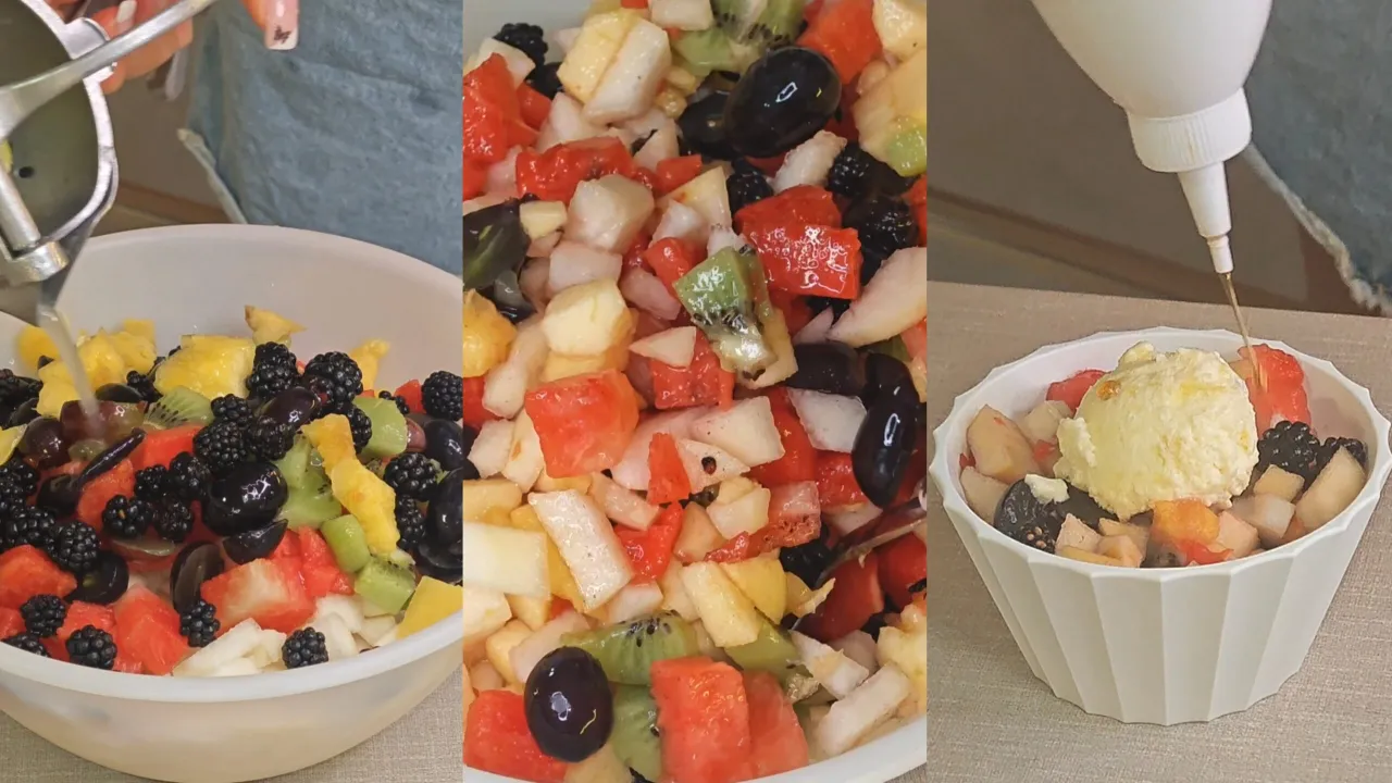 Salade de fruits frais d'&eacute;t&eacute; color&eacute;e dans un grand bol
