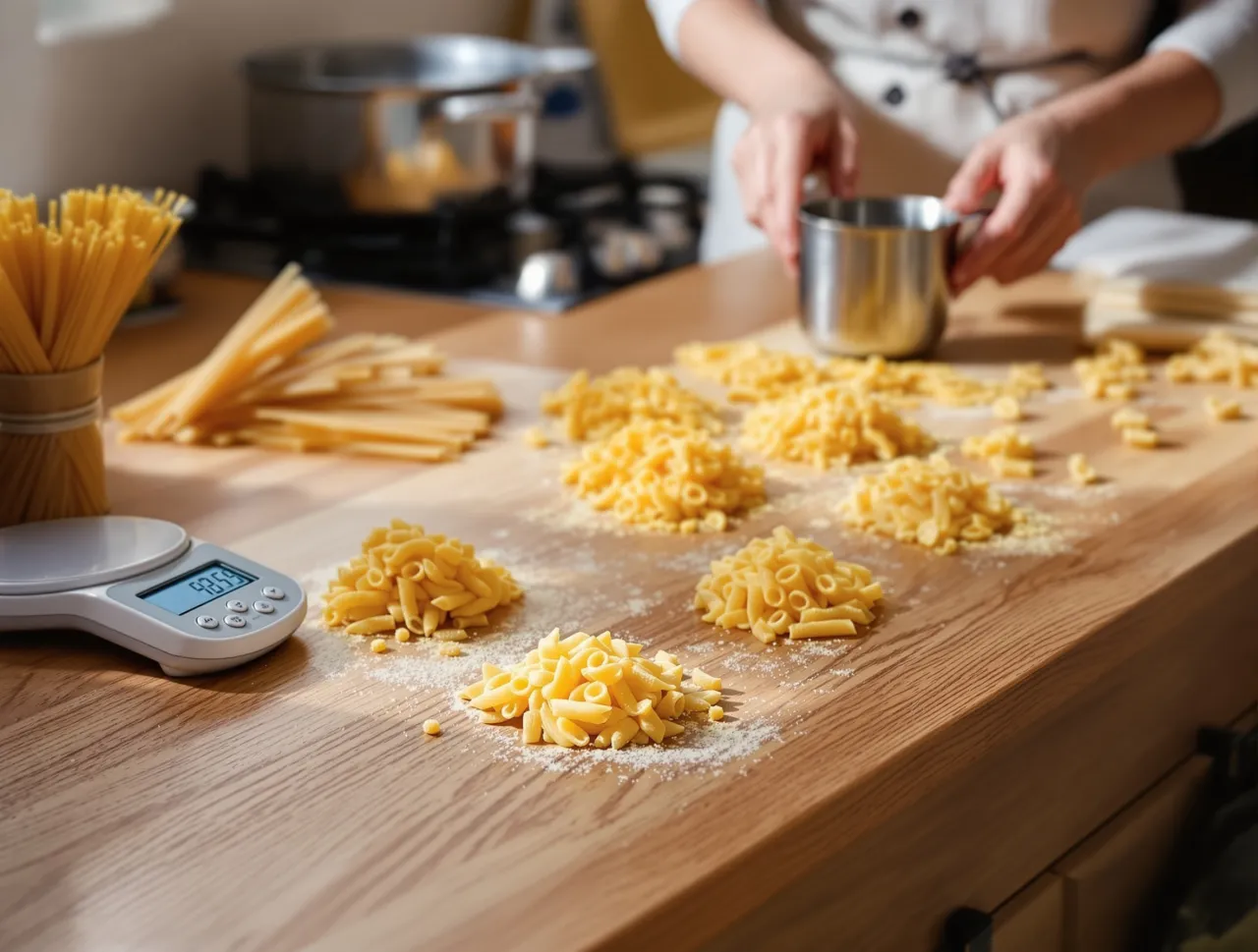 Waga pokazuje 93.59g, co może być wskazówką, ile gram suchego makaronu na osobę potrzebujesz do obiadu.