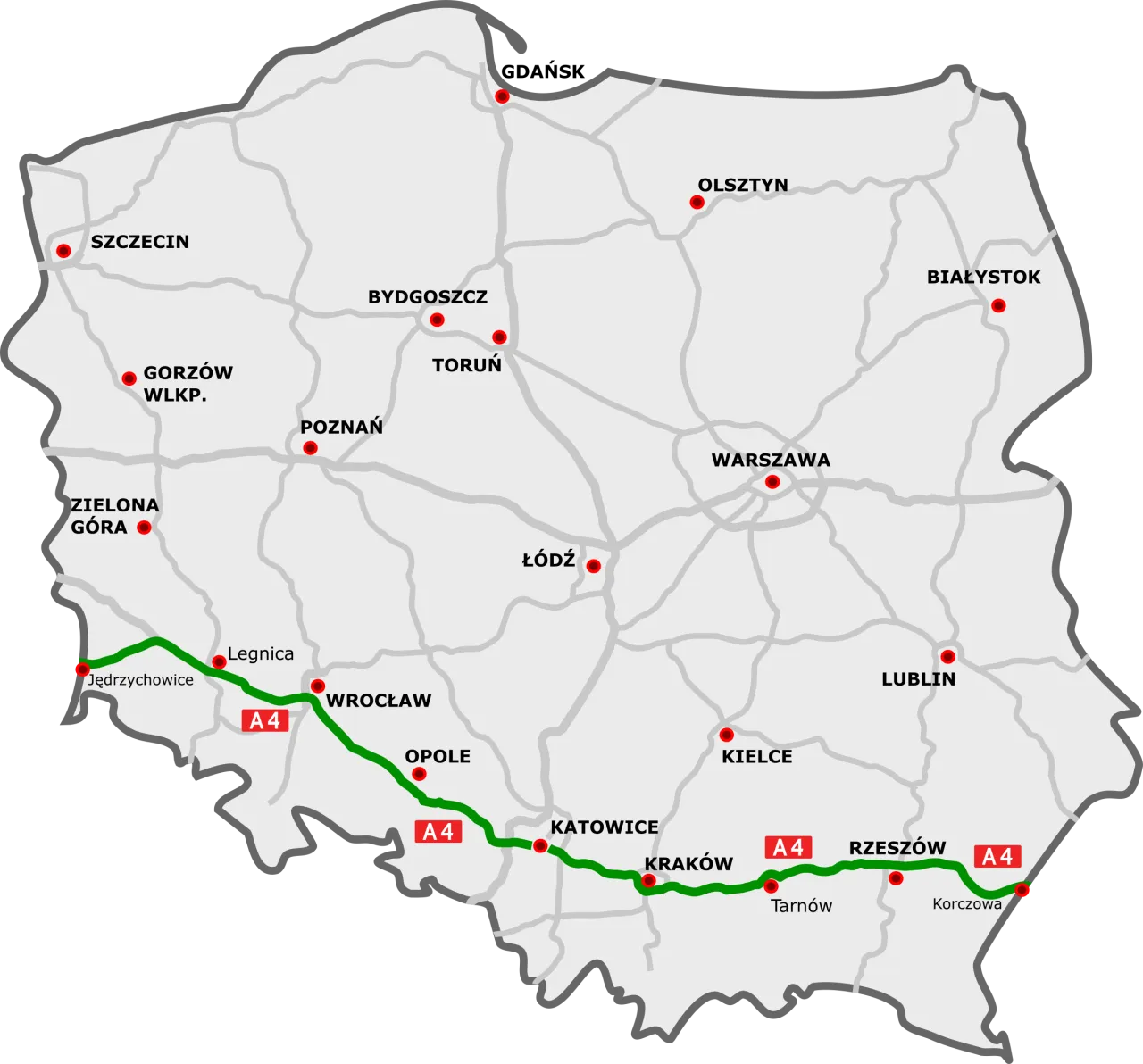 Mapa płatnych i bezpłatnych odcinków autostrady A4