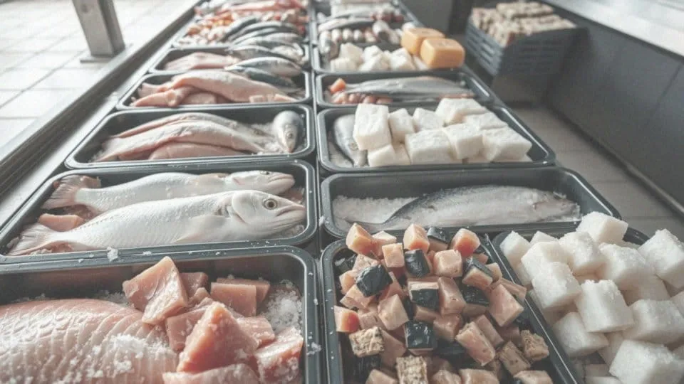 Różne gatunki ryb mrożonych i ich opakowania