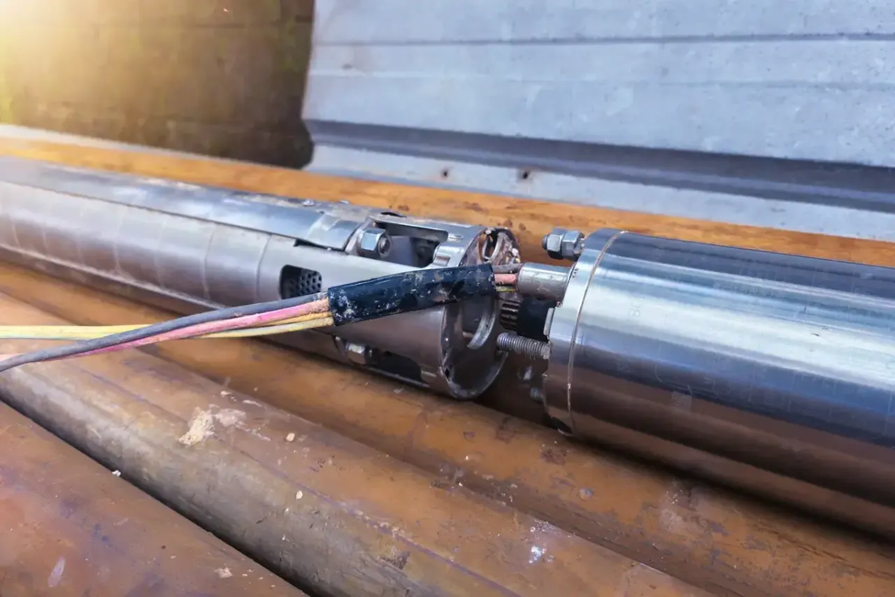 Fragment pompy głębinowej z przewodami. Rozważając jaka średnica rury do studni głębinowej, warto zwr&oacute;cić uwagę na wymiary urządzenia.