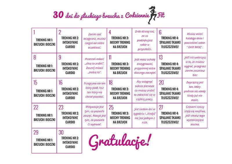 plan treningowy na brzuch, kalendarz fitness, motywacja do ćwiczeń