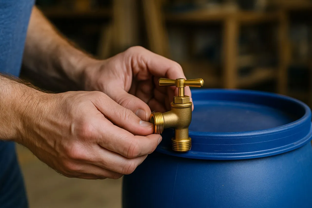 Mężczyzna montuje mosiężny kran do niebieskiej beczki. Prosty poradnik, jak zamontować kran do beczki, krok po kroku.