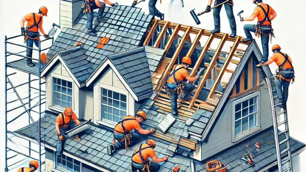 dekarz w pracy na dachu, różne etapy doświadczenia