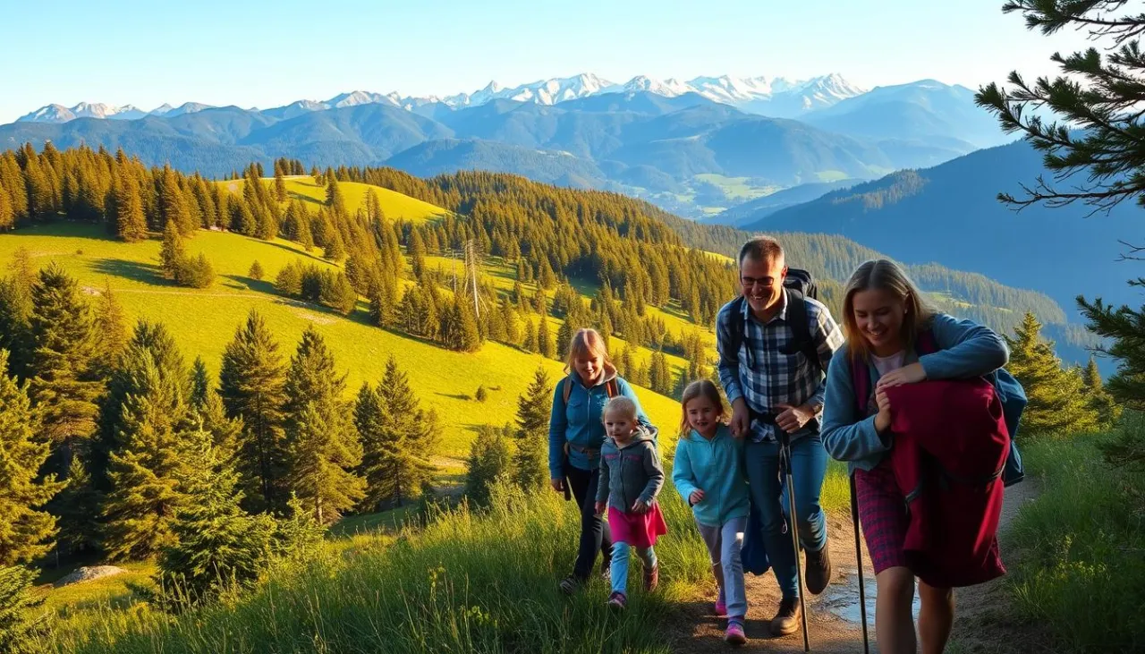 Rodzina z dziećmi na łagodnym szlaku w Beskidach