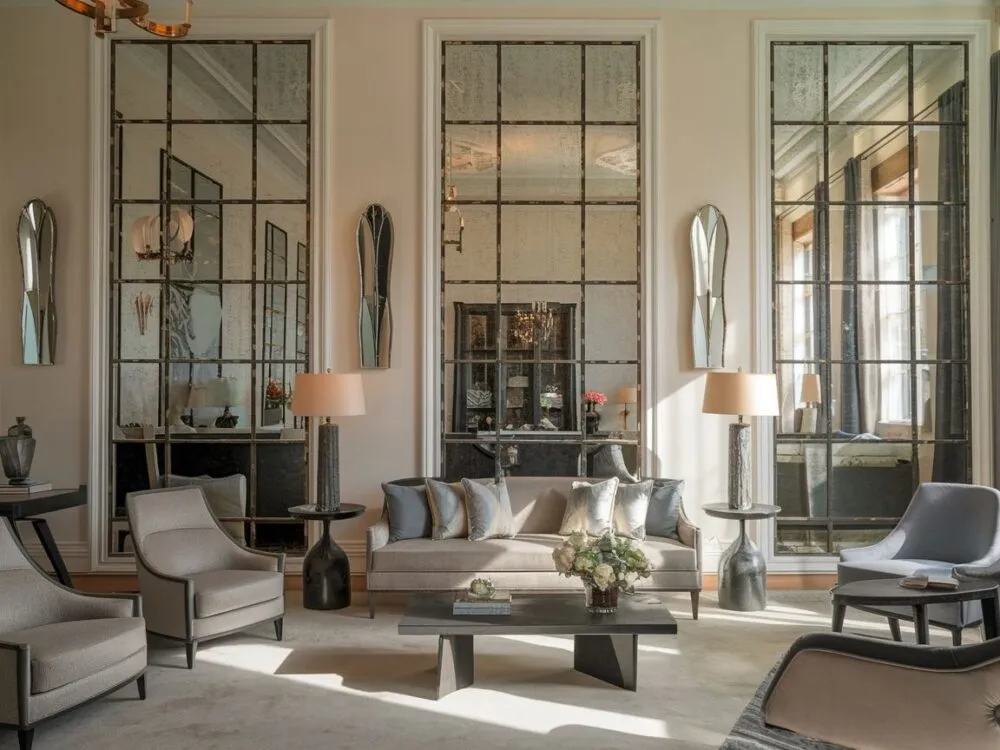 Jasny salon w bloku z lustrami