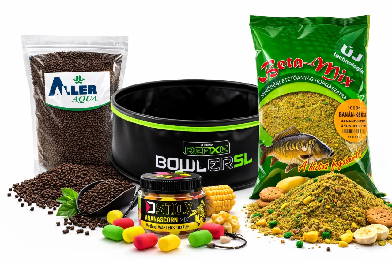 Gotowe zanęty do method feeder: worek z drobnym pelletem, wiadro, słoiczek z wafterami ananasowymi, kukurydza i bananowe zanęty.