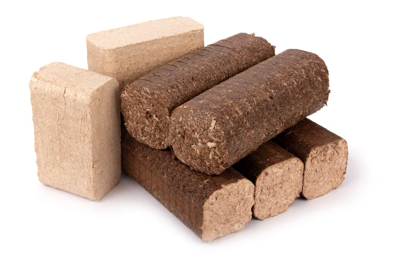 Kilka rodzaj&oacute;w brykietu: jasne, prostokątne i ciemne, walcowate. To ekologiczne paliwo.