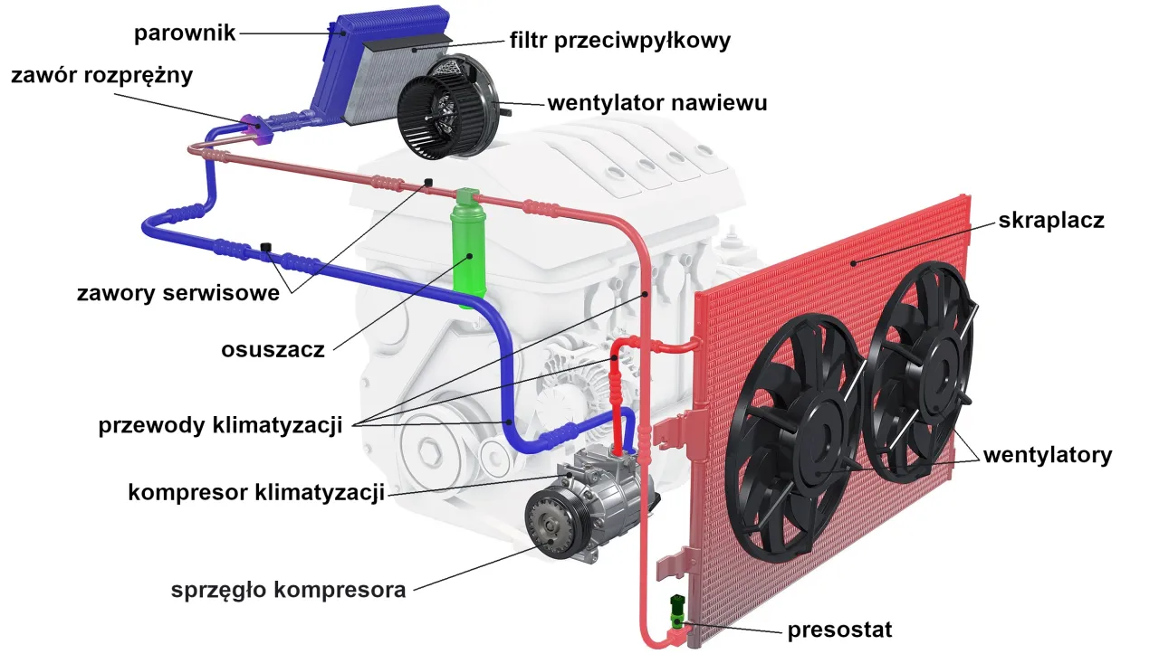 Schemat klimatyzacji samochodowej. Kompresor, skraplacz, parownik i inne elementy. Jak sprawdzić czy sprężarka klimatyzacji działa?