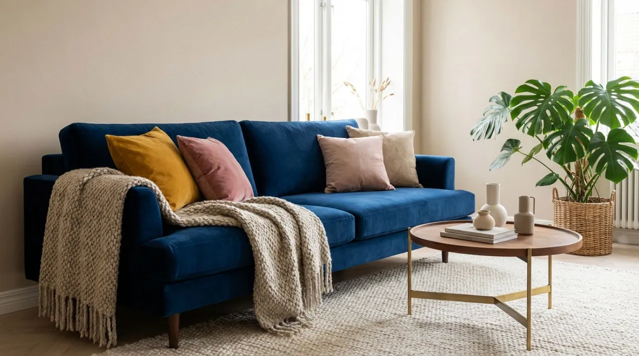 Granatowa sofa w r&oacute;żnych stylach wnętrz: skandynawski, glamour, loft, boho