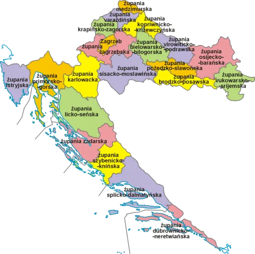 Mapa Chorwacji z zaznaczonymi regionami żeglarskimi i marinami