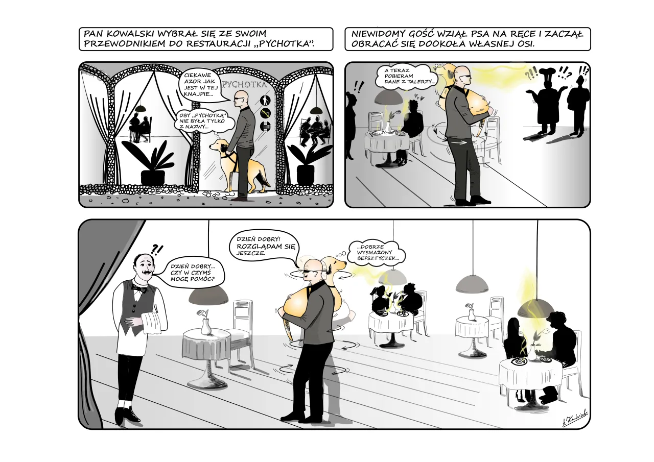 Pan Kowalski z psem przewodnikiem w restauracji. Czy w Polsce jest wielu niewidomych? Pies wyczuwa zapach befsztyka.