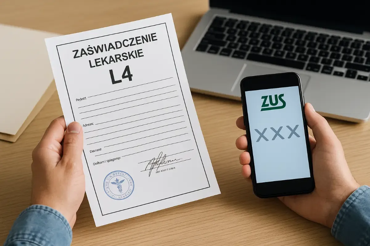 Ręka trzyma zwolnienie lekarskie L4 i smartfon z aplikacją ZUS. Czy lekarz może skr&oacute;cić L4?