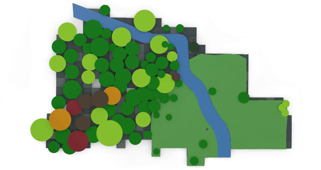 Wycinka drzew na działce rolnej. Mapa przedstawia teren z rzeką, zielonymi polami i obszarem z drzewami, gdzie widać ślady wycinki.