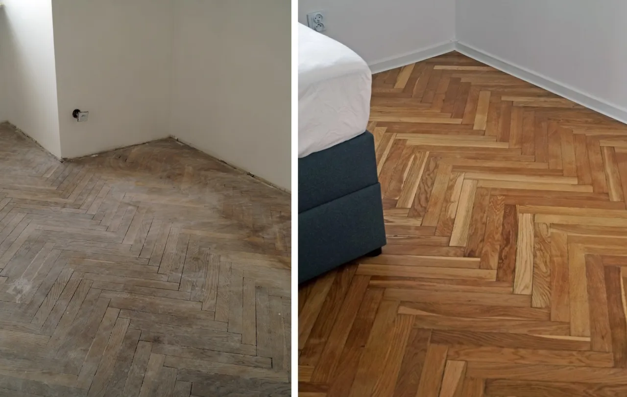 Pomalowany parkiet przed i po renowacji
