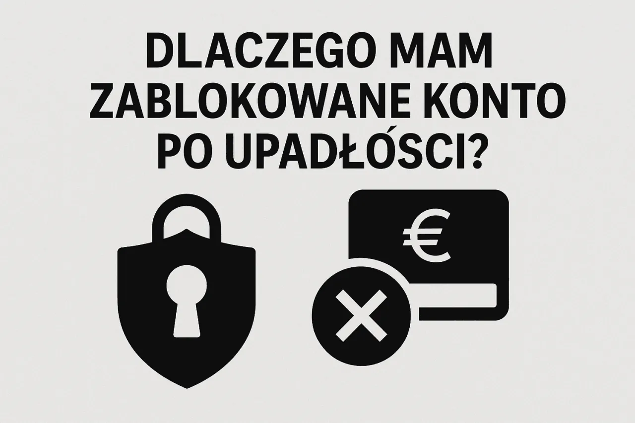 Dlaczego mam zablokowane konto po upadłości? Ikony zamka i karty z symbolem euro i krzyżykiem sugerują problemy finansowe i zablokowanie środk&oacute;w.