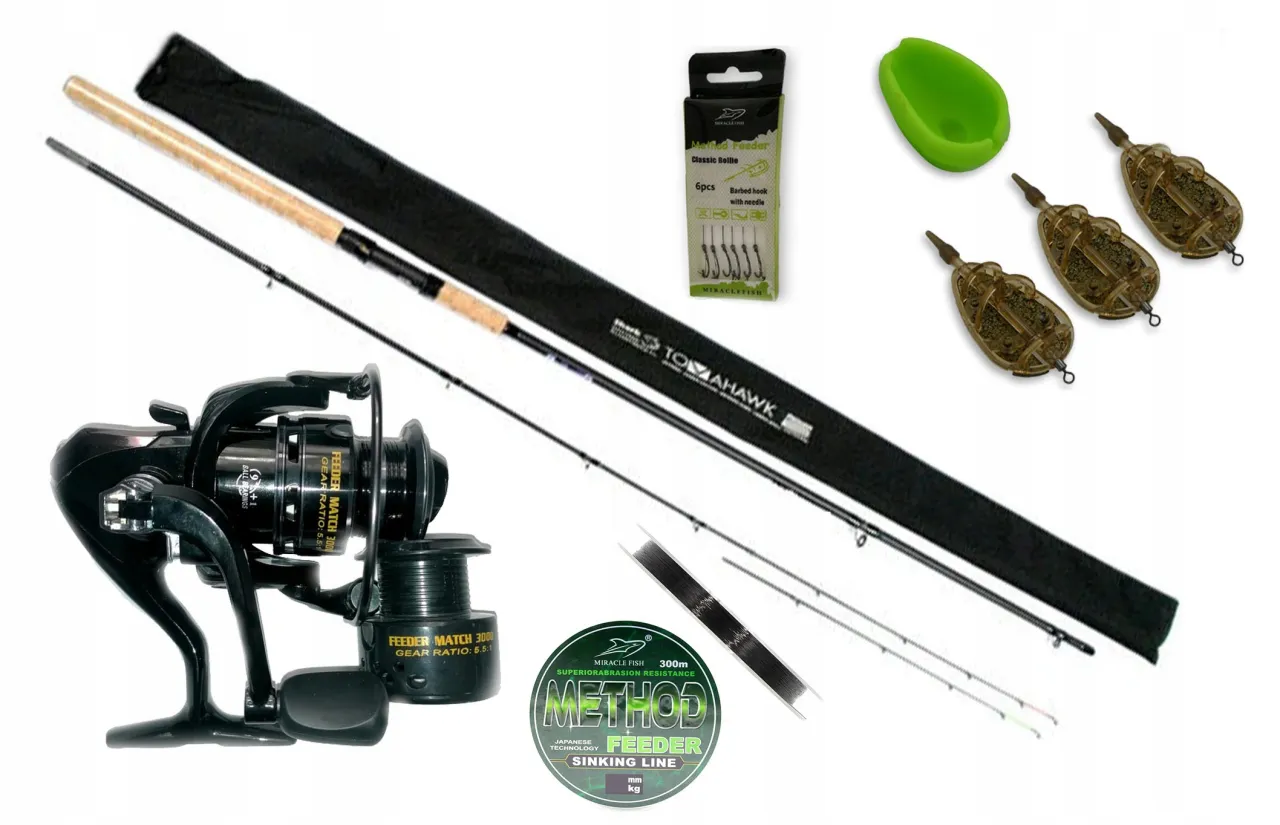 Zestaw do metody feederowej: wędka, kołowrotek, żyłka, podajniki i haczyki. Idealna jaka wędka na grunt jezioro.