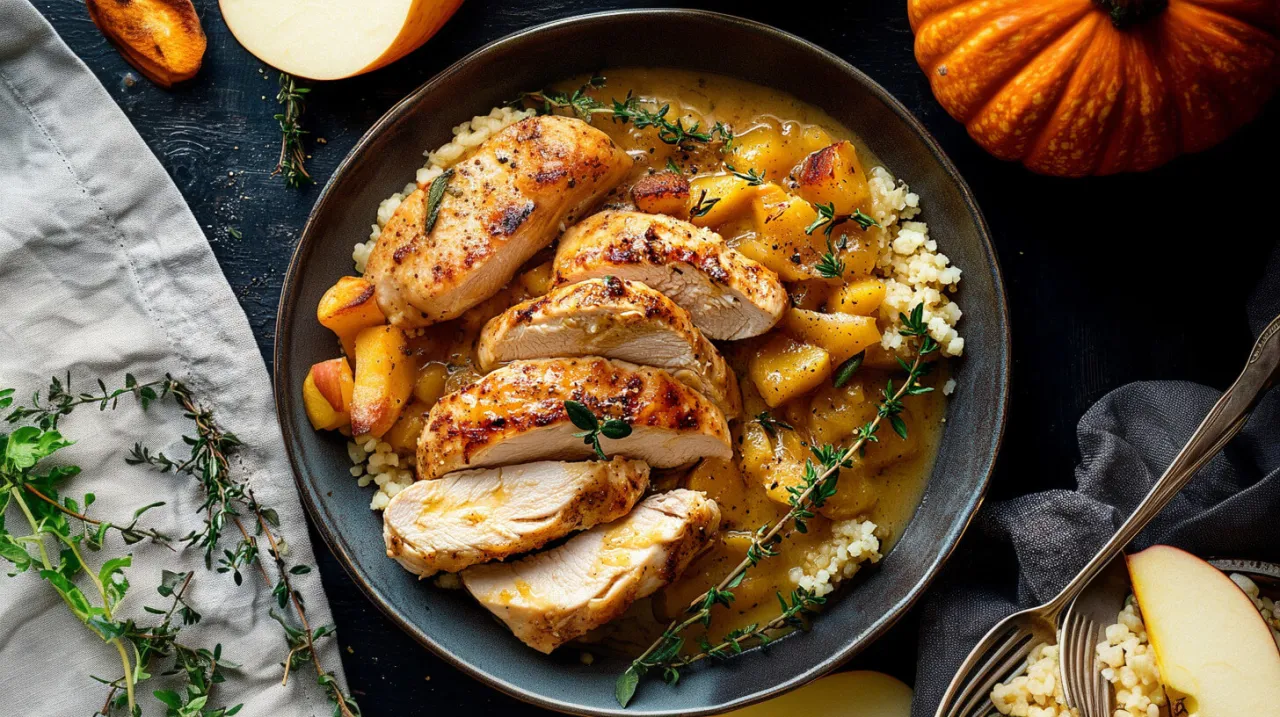 Idealny pomysł, co można zjeść na obiad dietetyczny: soczysty kurczak z jabłkami i kaszą.