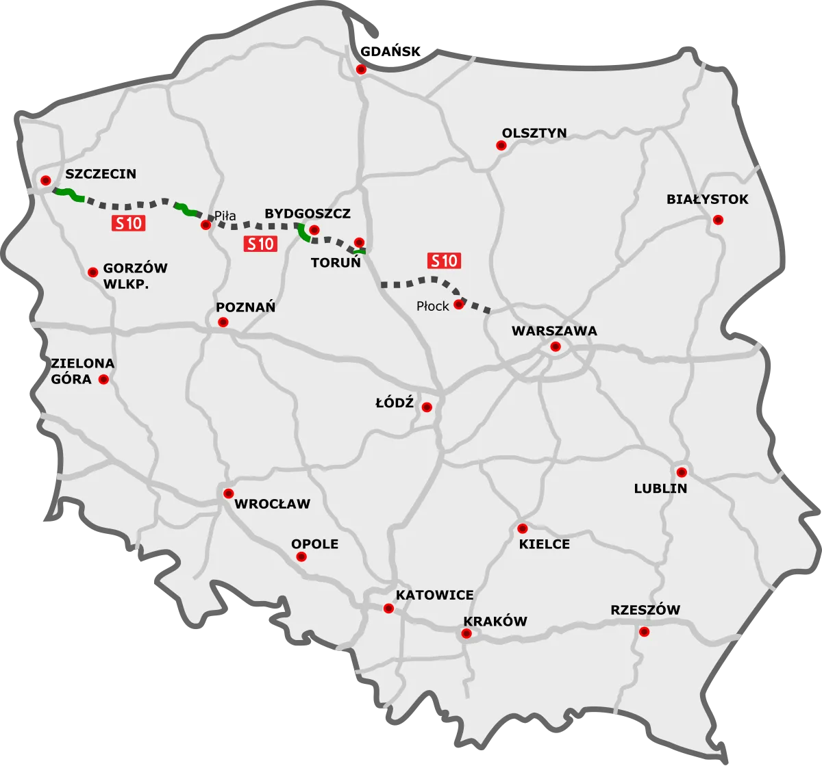 Mapa Polski z zaznaczonym Szczecinem i gł&oacute;wnymi trasami transportu