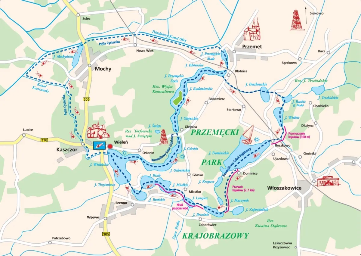 Mapa szlaku kajakowego Wdy z zaznaczonymi atrakcjami