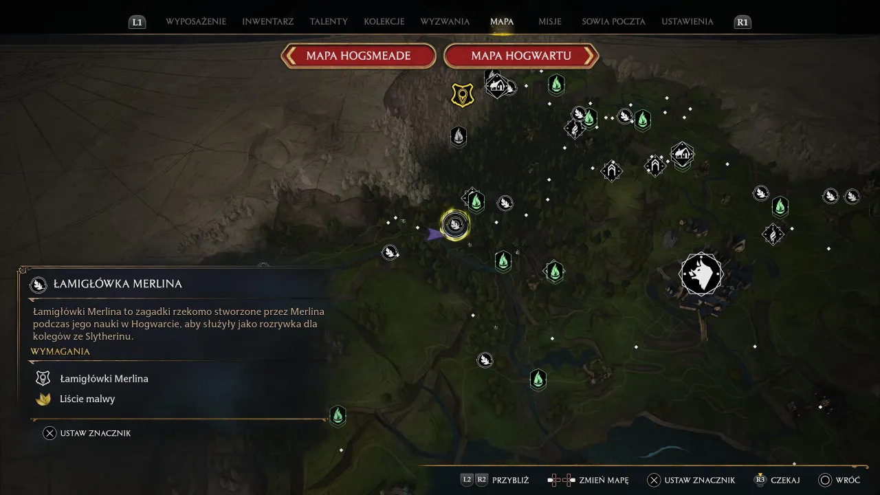 Mapa Hogwartu z zaznaczoną łamigł&oacute;wką Merlina, kt&oacute;ra jest zagadką w grze Hogwarts Legacy.