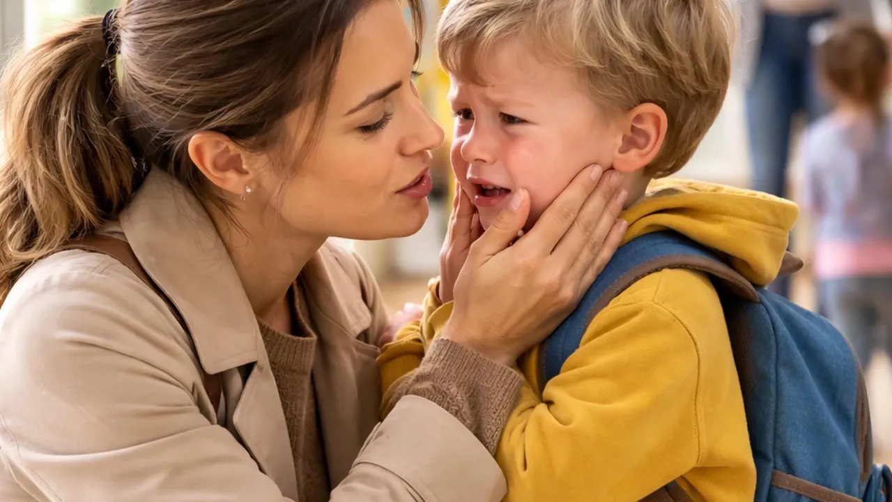 dziecko przytulające rodzica przed przedszkolem, lęk separacyjny