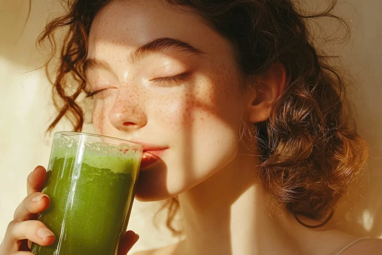 kobieta pije zielony koktajl, promienna cera