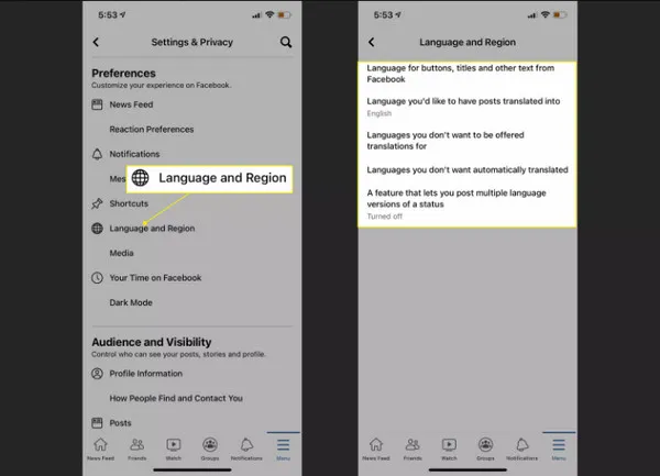 Facebook aplikacja mobilna ustawienia język i region