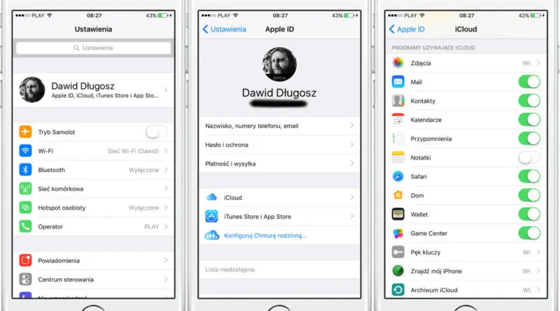 Ekran ustawień iPhone iCloud