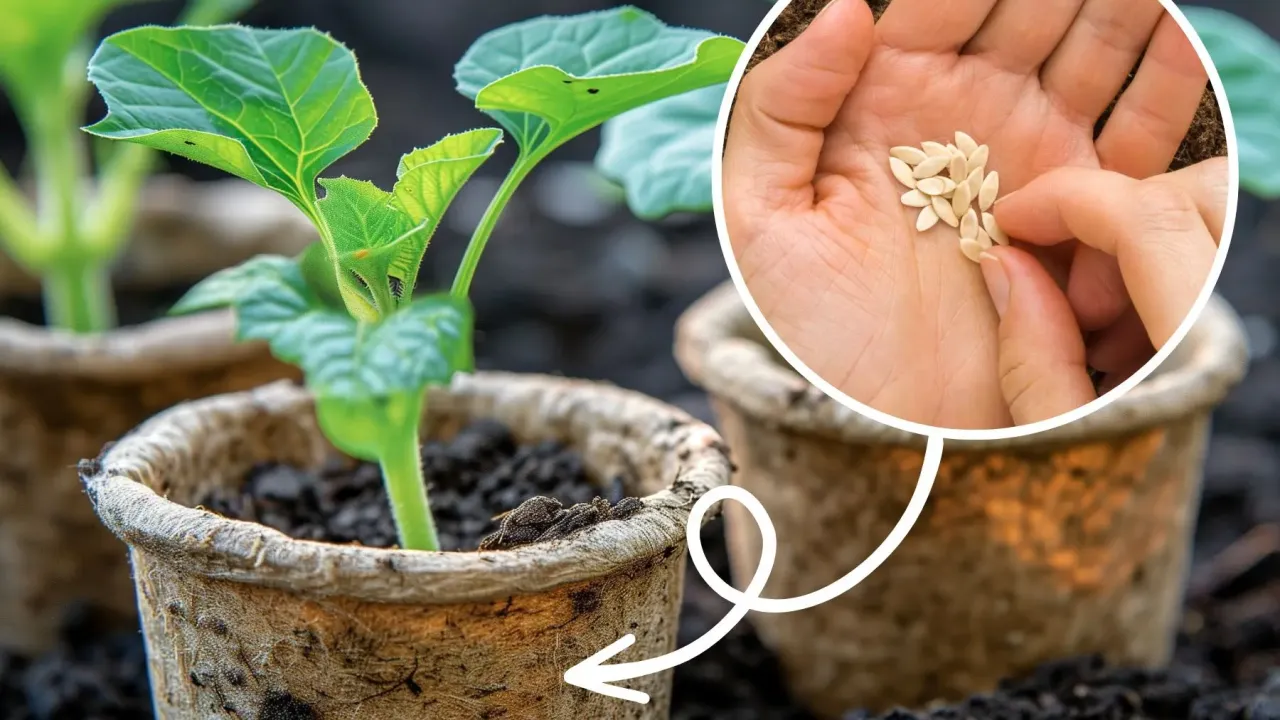 Rozpoczyna się uprawa og&oacute;rk&oacute;w. Młode sadzonki w doniczkach torfowych i nasiona w dłoni.