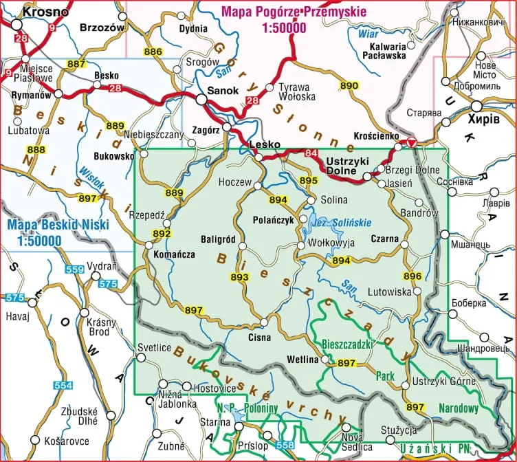 Mapa Bieszczad z zaznaczonymi popularnymi miejscowościami i szlakami