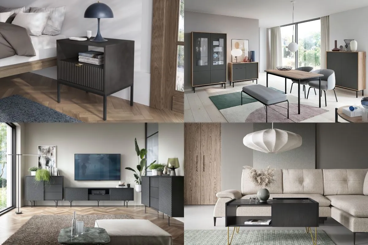 Paleta kolorów do salonu z czarnymi meblami