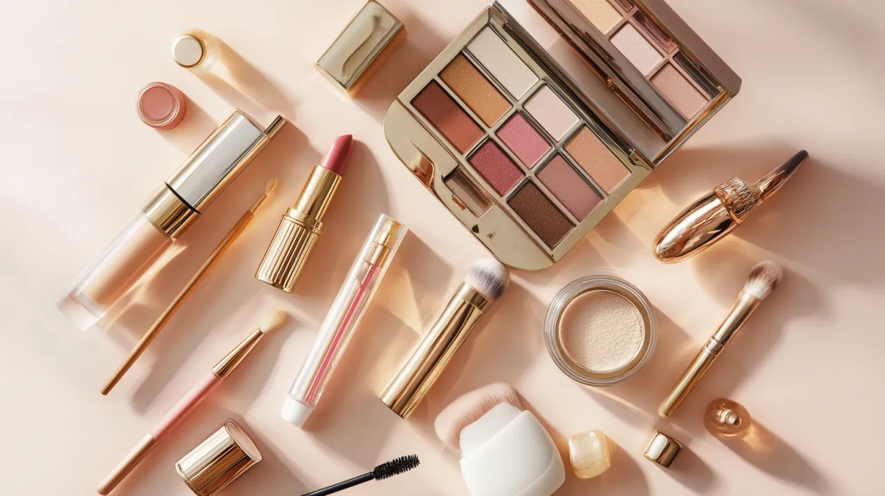 Zastanawiasz się, gdzie wyrzucać przeterminowane kosmetyki? Na zdjęciu zestaw luksusowych produktów do makijażu: paleta cieni, szminka, tusz, podkład i pędzle.