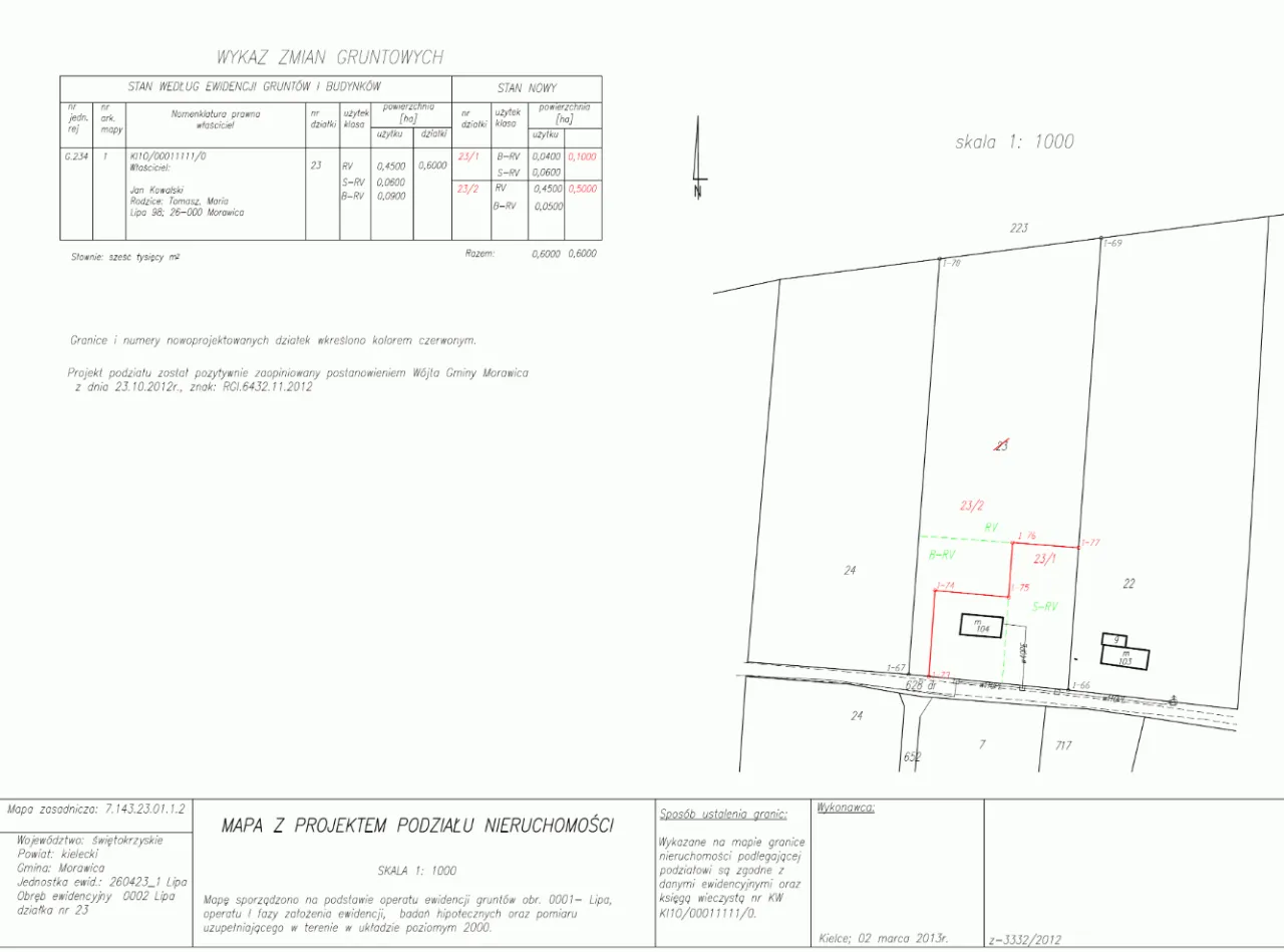 mapa geodezyjna działki z projektem podziału