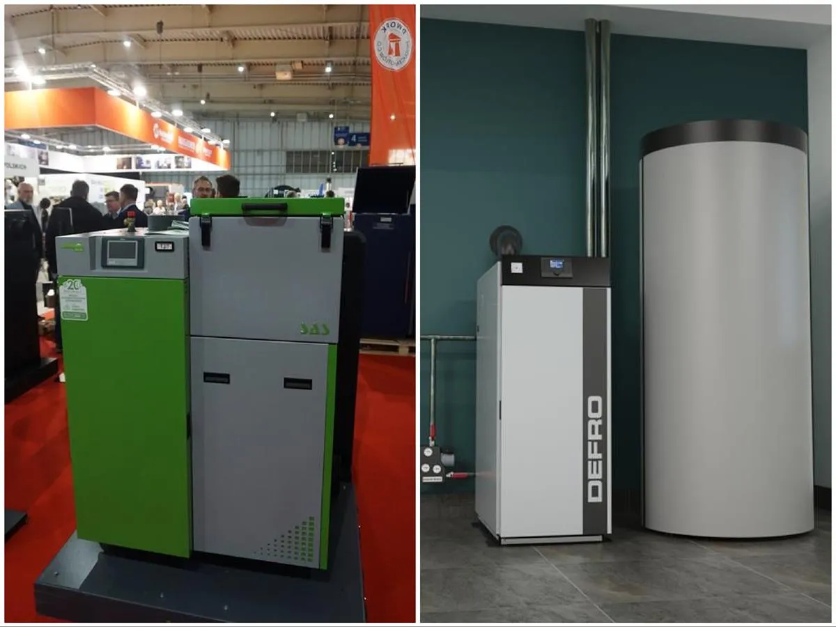 Nowoczesne kotły SAS i DEFRO zapewniają czyste powietrze. Dwa modele kotł&oacute;w, jeden zielono-szary, drugi biało-szary, obok zasobnika.