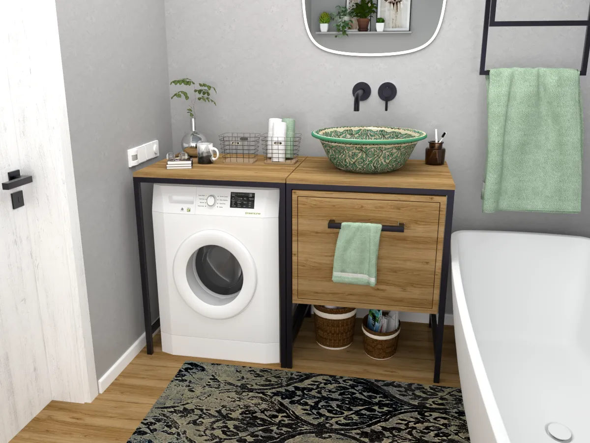 schemat wymiarowania pralki pod blatem z luzami