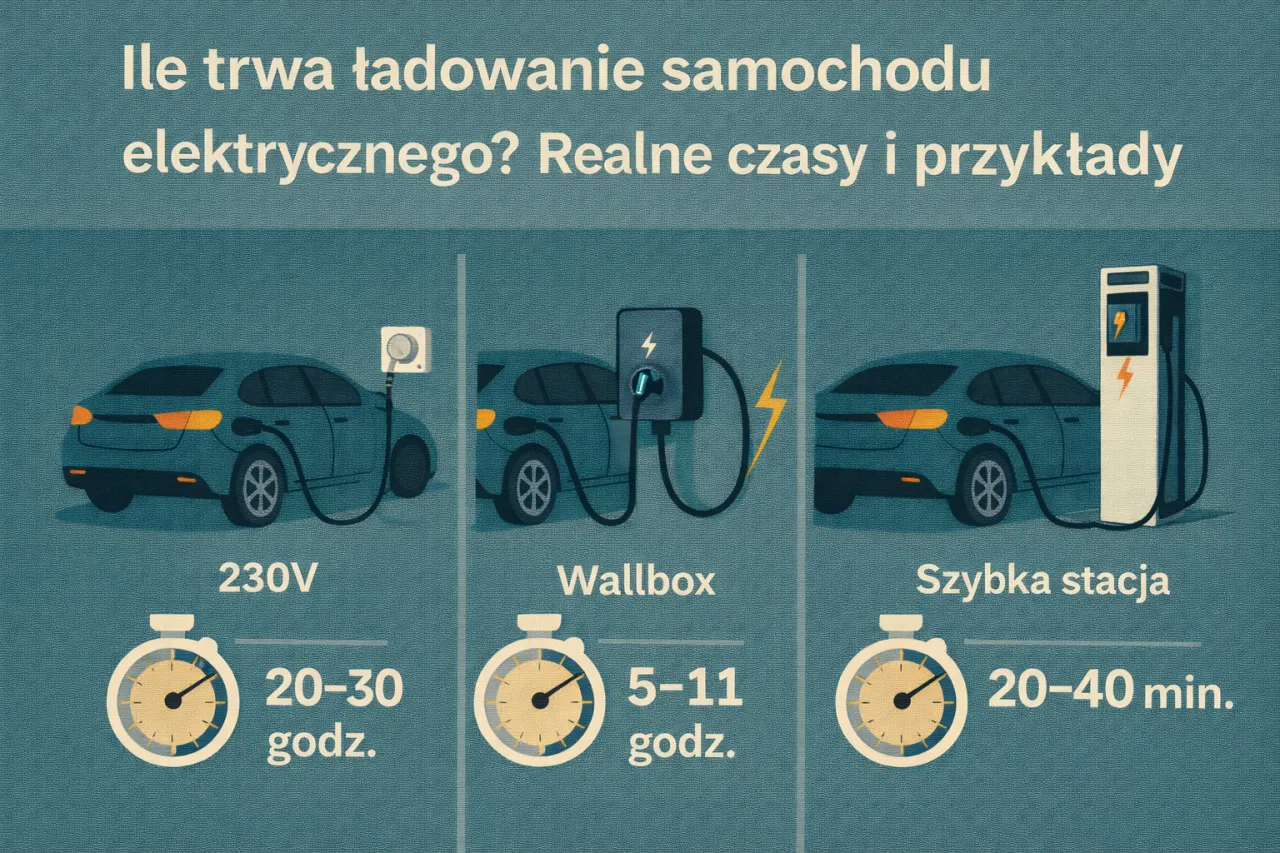 Ile trwa ładowanie samochodu elektrycznego w domu? Od 20-30 godzin przy 230V, 5-11 godzin z Wallboxem, do 20-40 minut na szybkiej stacji.