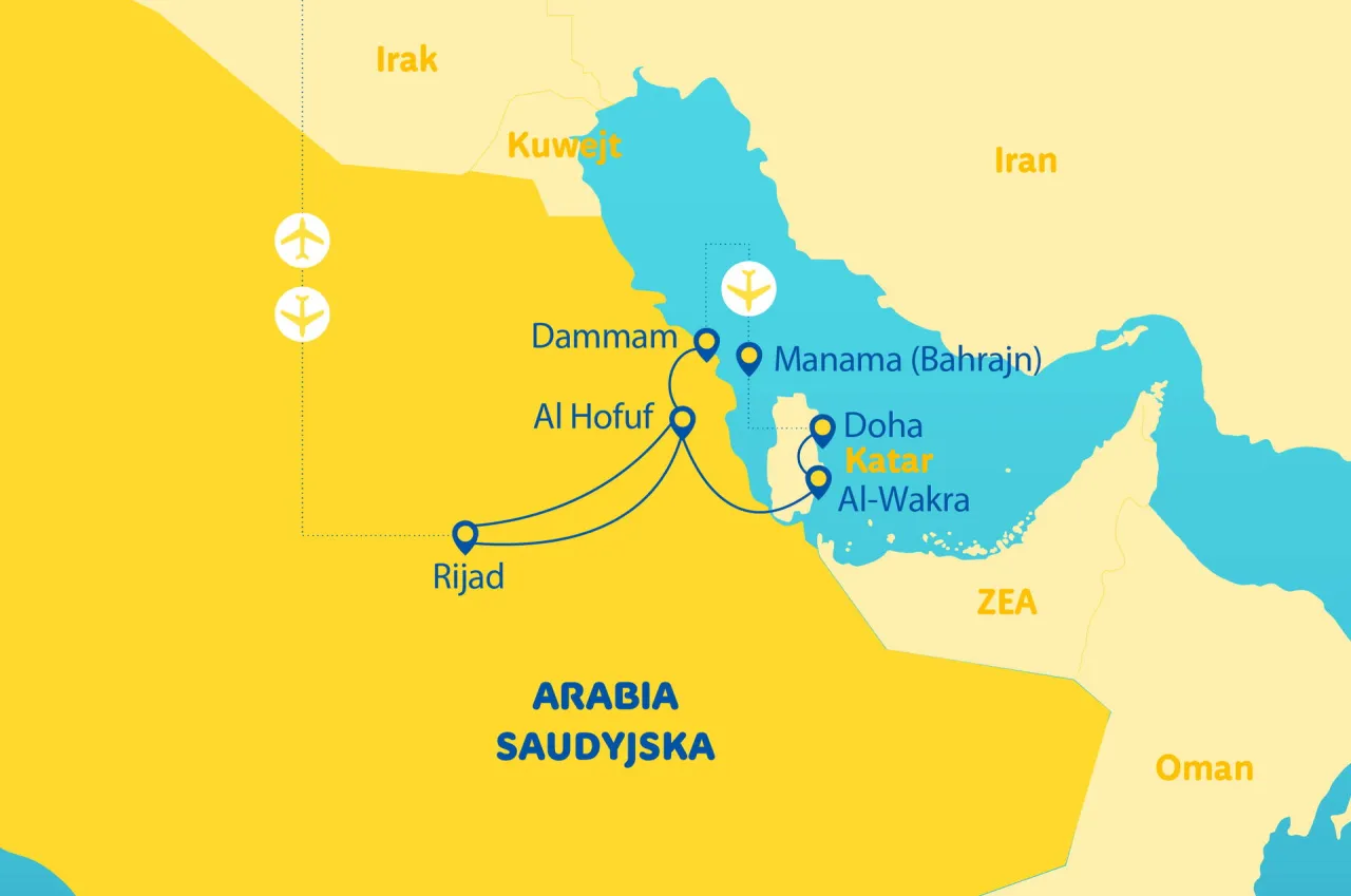 Mapa pokazuje, gdzie leży Katar, między Arabią Saudyjską a Bahrajnem, z zaznaczonymi miastami Doha i Al-Wakra.