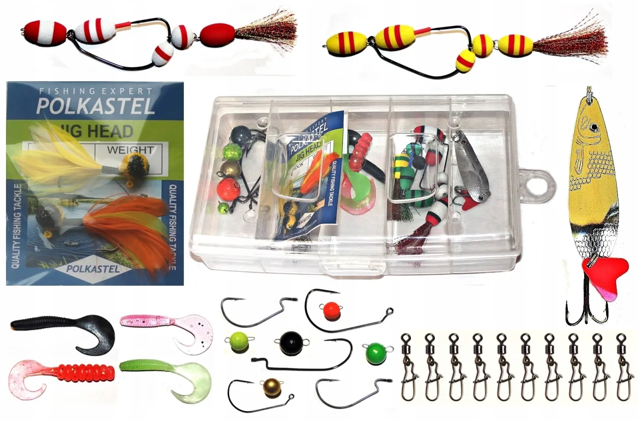 Zestaw przynęt i akcesoriów wędkarskich, w tym paproszki na okonia, gumowe przynęty, haczyki i błystki.