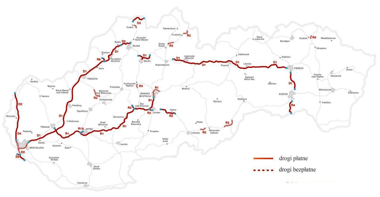 Mapa Słowacji z drogami płatnymi (czerwone linie) i bezpłatnymi (przerywane). Planując podr&oacute;ż, sprawdź, co trzeba mieć w aucie na Słowacji.