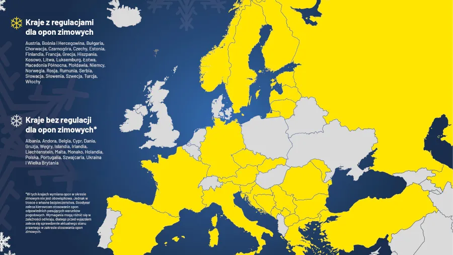 mapa Europy obowiązek opon zimowych
