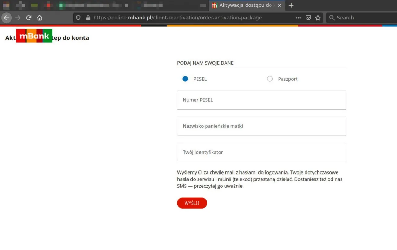 Formularz mBank do aktywacji dostępu. Wpisz dane, by zmienić identyfikator.