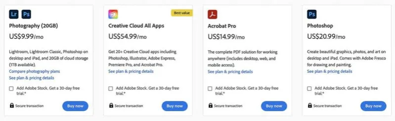 Adobe Photoshop plany subskrypcji porównanie